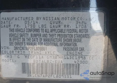 2015 Nissan Versa 1.6 Sv from USA, damaged, VIN 3N1CN7AP2FL809551